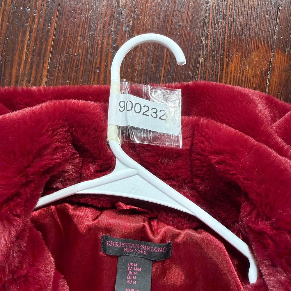Christian Siriano Faux Fur Coat Women Medium Burgundy Red Plush Luxury Jacket - Picture 9 of 9